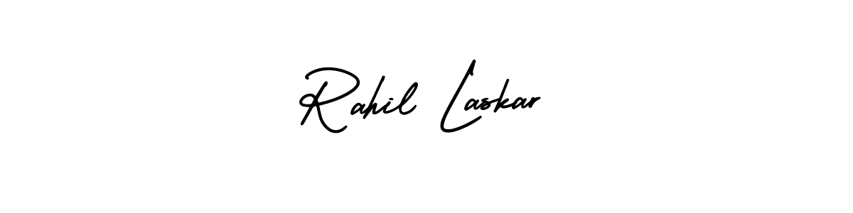 You should practise on your own different ways (AmerikaSignatureDemo-Regular) to write your name (Rahil Laskar) in signature. don't let someone else do it for you. Rahil Laskar signature style 3 images and pictures png