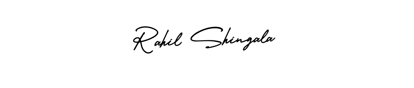 You should practise on your own different ways (AmerikaSignatureDemo-Regular) to write your name (Rahil Shingala) in signature. don't let someone else do it for you. Rahil Shingala signature style 3 images and pictures png