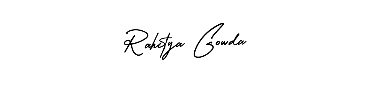 The best way (AmerikaSignatureDemo-Regular) to make a short signature is to pick only two or three words in your name. The name Rahitya Gowda include a total of six letters. For converting this name. Rahitya Gowda signature style 3 images and pictures png