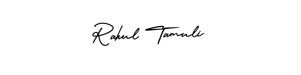 You should practise on your own different ways (AmerikaSignatureDemo-Regular) to write your name (Rahul Tamuli) in signature. don't let someone else do it for you. Rahul Tamuli signature style 3 images and pictures png