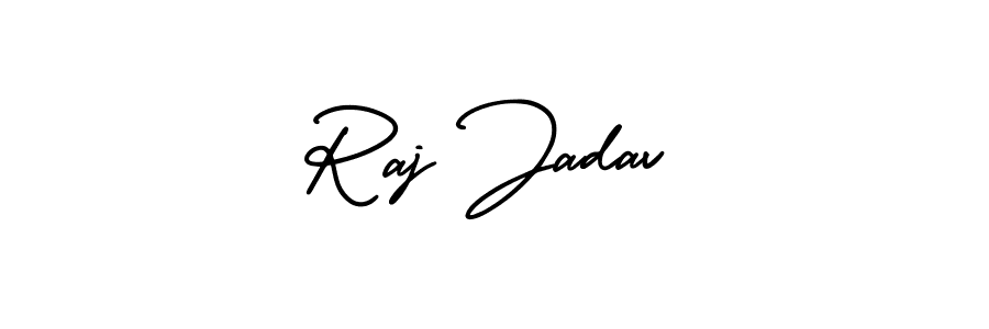 You should practise on your own different ways (AmerikaSignatureDemo-Regular) to write your name (Raj Jadav) in signature. don't let someone else do it for you. Raj Jadav signature style 3 images and pictures png