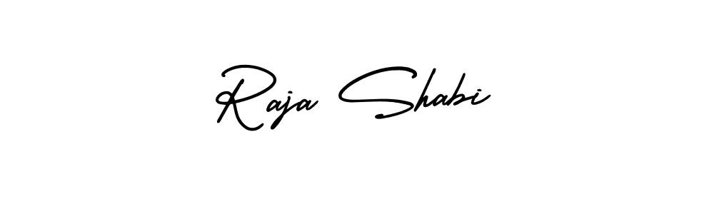 You should practise on your own different ways (AmerikaSignatureDemo-Regular) to write your name (Raja Shabi) in signature. don't let someone else do it for you. Raja Shabi signature style 3 images and pictures png