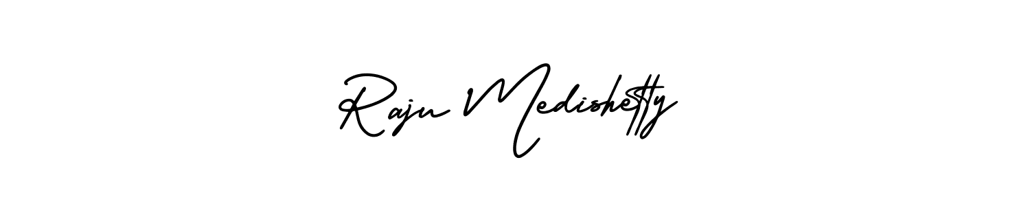 You should practise on your own different ways (AmerikaSignatureDemo-Regular) to write your name (Raju Medishetty) in signature. don't let someone else do it for you. Raju Medishetty signature style 3 images and pictures png