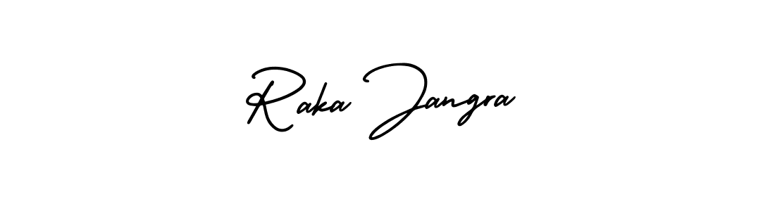 You should practise on your own different ways (AmerikaSignatureDemo-Regular) to write your name (Raka Jangra) in signature. don't let someone else do it for you. Raka Jangra signature style 3 images and pictures png
