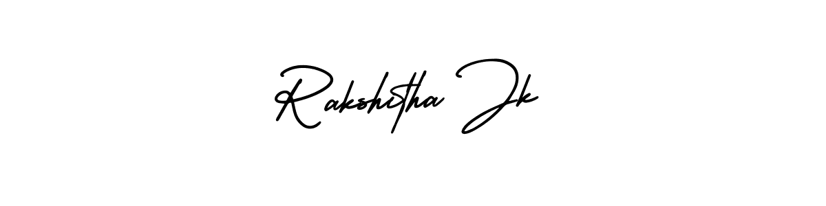 This is the best signature style for the Rakshitha Jk name. Also you like these signature font (AmerikaSignatureDemo-Regular). Mix name signature. Rakshitha Jk signature style 3 images and pictures png