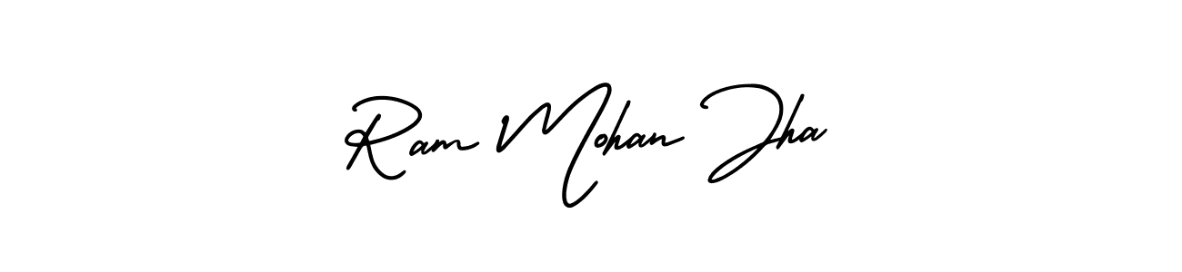 You should practise on your own different ways (AmerikaSignatureDemo-Regular) to write your name (Ram Mohan Jha) in signature. don't let someone else do it for you. Ram Mohan Jha signature style 3 images and pictures png