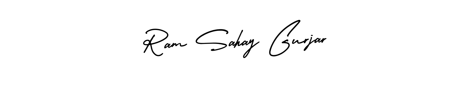 You should practise on your own different ways (AmerikaSignatureDemo-Regular) to write your name (Ram Sahay Gurjar) in signature. don't let someone else do it for you. Ram Sahay Gurjar signature style 3 images and pictures png