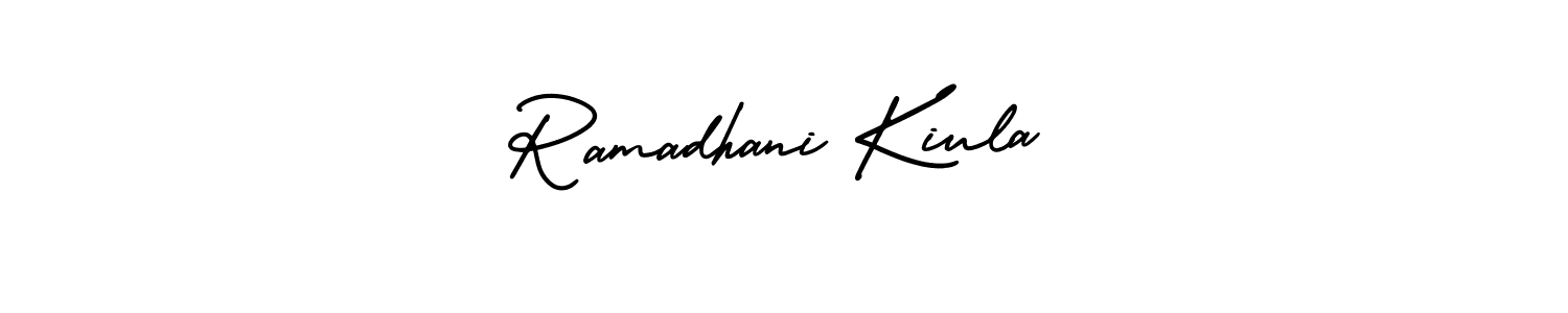 The best way (AmerikaSignatureDemo-Regular) to make a short signature is to pick only two or three words in your name. The name Ramadhani Kiula include a total of six letters. For converting this name. Ramadhani Kiula signature style 3 images and pictures png