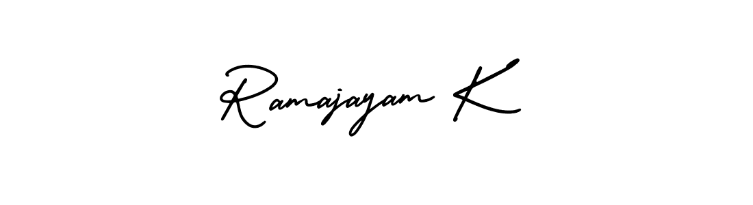 You should practise on your own different ways (AmerikaSignatureDemo-Regular) to write your name (Ramajayam K) in signature. don't let someone else do it for you. Ramajayam K signature style 3 images and pictures png