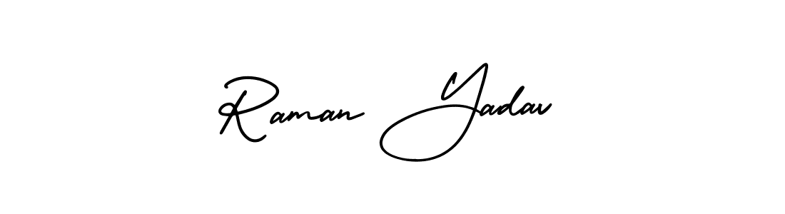 You should practise on your own different ways (AmerikaSignatureDemo-Regular) to write your name (Raman Yadav) in signature. don't let someone else do it for you. Raman Yadav signature style 3 images and pictures png