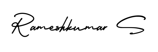 The AmerikaSignatureDemo-Regular typeface gives name Rameshkumar S a refined look. Suitable for certificates, diplomas, and official verification. Rameshkumar S signature style 3 images and pictures png