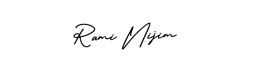You should practise on your own different ways (AmerikaSignatureDemo-Regular) to write your name (Rami Nijim) in signature. don't let someone else do it for you. Rami Nijim signature style 3 images and pictures png