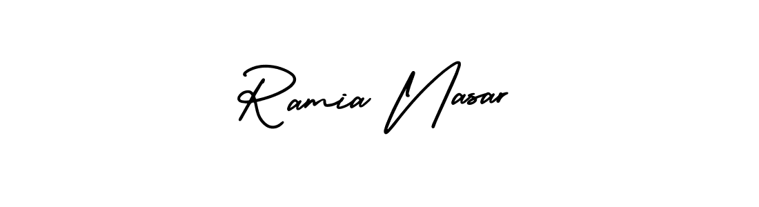 You should practise on your own different ways (AmerikaSignatureDemo-Regular) to write your name (Ramia Nasar) in signature. don't let someone else do it for you. Ramia Nasar signature style 3 images and pictures png