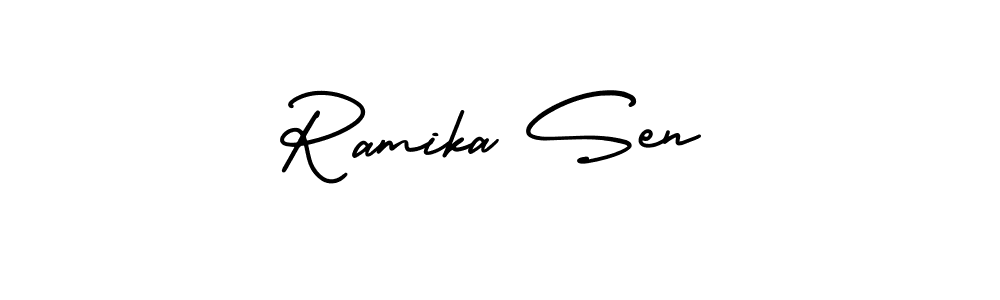 You should practise on your own different ways (AmerikaSignatureDemo-Regular) to write your name (Ramika Sen) in signature. don't let someone else do it for you. Ramika Sen signature style 3 images and pictures png