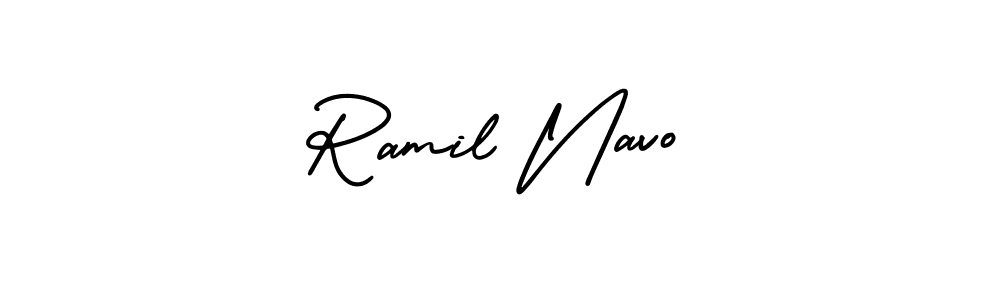 This is the best signature style for the Ramil Navo name. Also you like these signature font (AmerikaSignatureDemo-Regular). Mix name signature. Ramil Navo signature style 3 images and pictures png