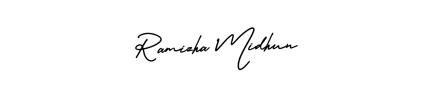 The best way (AmerikaSignatureDemo-Regular) to make a short signature is to pick only two or three words in your name. The name Ramizha Midhun include a total of six letters. For converting this name. Ramizha Midhun signature style 3 images and pictures png