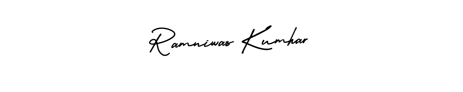 This is the best signature style for the Ramniwas Kumhar name. Also you like these signature font (AmerikaSignatureDemo-Regular). Mix name signature. Ramniwas Kumhar signature style 3 images and pictures png
