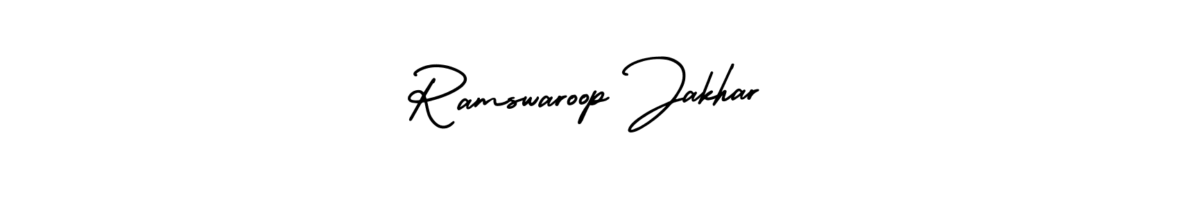 You should practise on your own different ways (AmerikaSignatureDemo-Regular) to write your name (Ramswaroop Jakhar) in signature. don't let someone else do it for you. Ramswaroop Jakhar signature style 3 images and pictures png