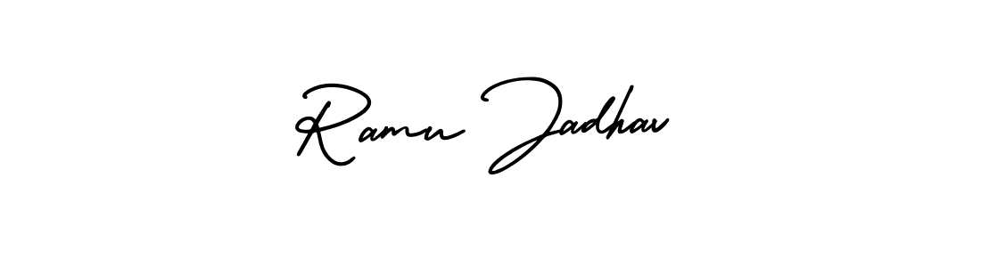 The best way (AmerikaSignatureDemo-Regular) to make a short signature is to pick only two or three words in your name. The name Ramu Jadhav include a total of six letters. For converting this name. Ramu Jadhav signature style 3 images and pictures png