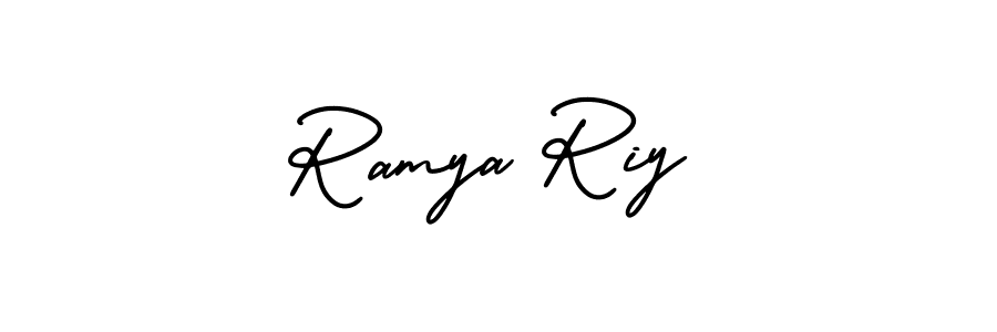 You should practise on your own different ways (AmerikaSignatureDemo-Regular) to write your name (Ramya Riy) in signature. don't let someone else do it for you. Ramya Riy signature style 3 images and pictures png