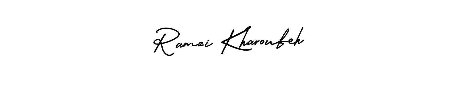 The best way (AmerikaSignatureDemo-Regular) to make a short signature is to pick only two or three words in your name. The name Ramzi Kharoufeh include a total of six letters. For converting this name. Ramzi Kharoufeh signature style 3 images and pictures png