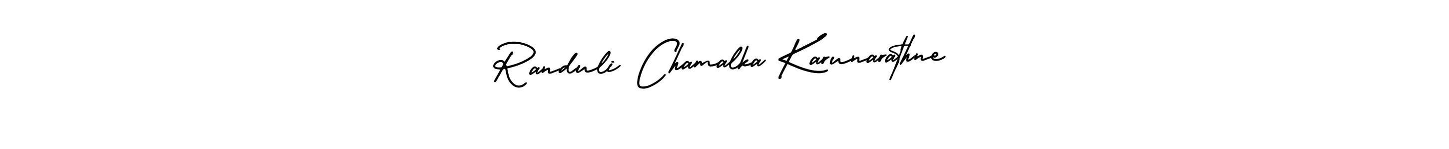 The best way (AmerikaSignatureDemo-Regular) to make a short signature is to pick only two or three words in your name. The name Randuli Chamalka Karunarathne include a total of six letters. For converting this name. Randuli Chamalka Karunarathne signature style 3 images and pictures png