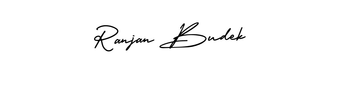 You should practise on your own different ways (AmerikaSignatureDemo-Regular) to write your name (Ranjan Budek) in signature. don't let someone else do it for you. Ranjan Budek signature style 3 images and pictures png