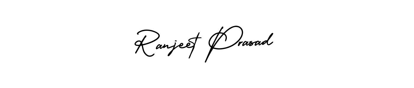 You should practise on your own different ways (AmerikaSignatureDemo-Regular) to write your name (Ranjeet Prasad) in signature. don't let someone else do it for you. Ranjeet Prasad signature style 3 images and pictures png