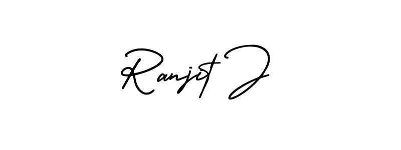 You should practise on your own different ways (AmerikaSignatureDemo-Regular) to write your name (Ranjit J) in signature. don't let someone else do it for you. Ranjit J signature style 3 images and pictures png