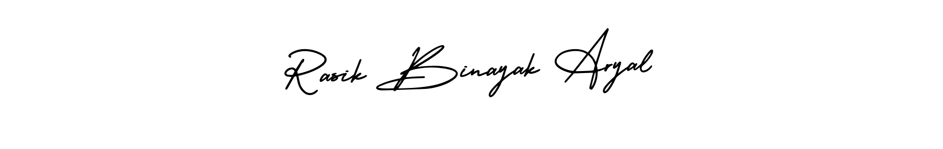 You should practise on your own different ways (AmerikaSignatureDemo-Regular) to write your name (Rasik Binayak Aryal) in signature. don't let someone else do it for you. Rasik Binayak Aryal signature style 3 images and pictures png