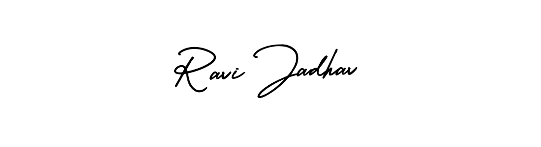 The best way (AmerikaSignatureDemo-Regular) to make a short signature is to pick only two or three words in your name. The name Ravi Jadhav include a total of six letters. For converting this name. Ravi Jadhav signature style 3 images and pictures png