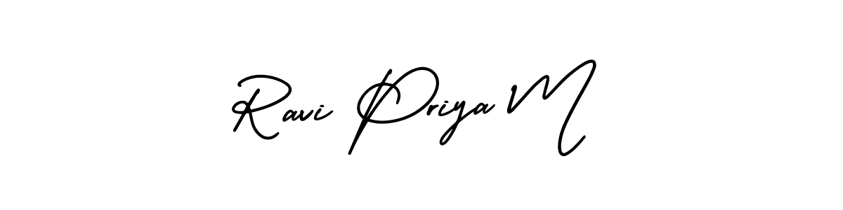 You should practise on your own different ways (AmerikaSignatureDemo-Regular) to write your name (Ravi Priya M) in signature. don't let someone else do it for you. Ravi Priya M signature style 3 images and pictures png