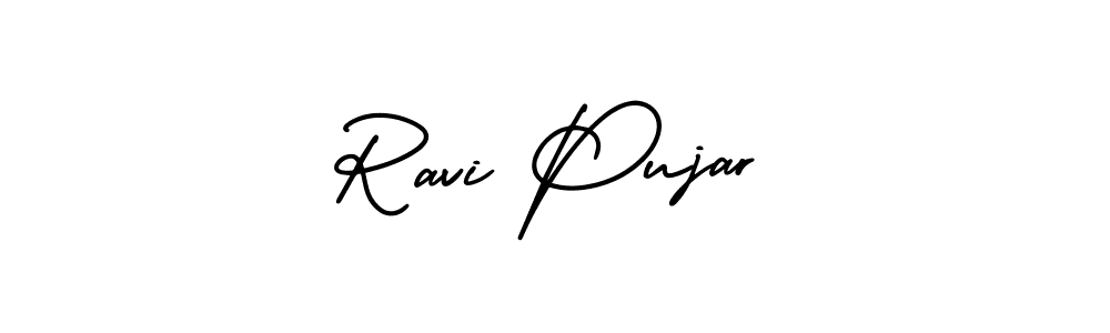 The best way (AmerikaSignatureDemo-Regular) to make a short signature is to pick only two or three words in your name. The name Ravi Pujar include a total of six letters. For converting this name. Ravi Pujar signature style 3 images and pictures png