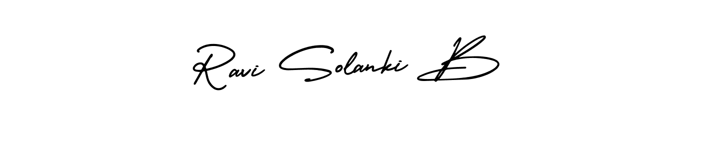 You should practise on your own different ways (AmerikaSignatureDemo-Regular) to write your name (Ravi Solanki B) in signature. don't let someone else do it for you. Ravi Solanki B signature style 3 images and pictures png