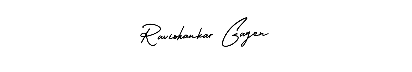 The best way (AmerikaSignatureDemo-Regular) to make a short signature is to pick only two or three words in your name. The name Ravishankar Gayen include a total of six letters. For converting this name. Ravishankar Gayen signature style 3 images and pictures png