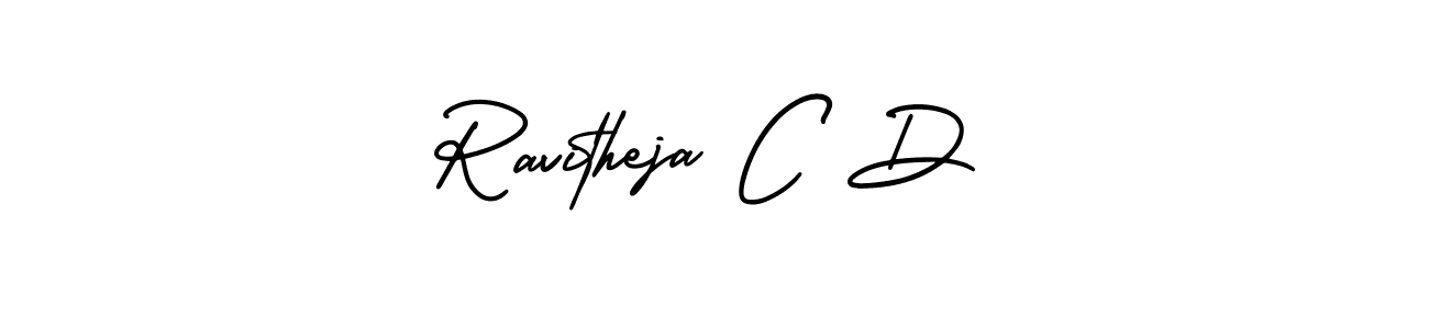 You should practise on your own different ways (AmerikaSignatureDemo-Regular) to write your name (Ravitheja C D) in signature. don't let someone else do it for you. Ravitheja C D signature style 3 images and pictures png