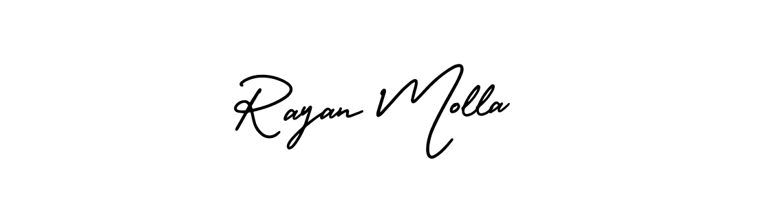 You should practise on your own different ways (AmerikaSignatureDemo-Regular) to write your name (Rayan Molla) in signature. don't let someone else do it for you. Rayan Molla signature style 3 images and pictures png