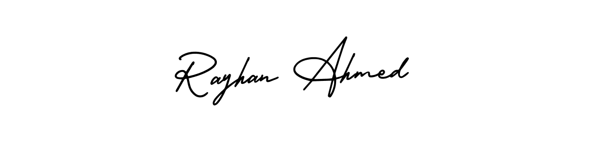 The best way (AmerikaSignatureDemo-Regular) to make a short signature is to pick only two or three words in your name. The name Rayhan Ahmed include a total of six letters. For converting this name. Rayhan Ahmed signature style 3 images and pictures png