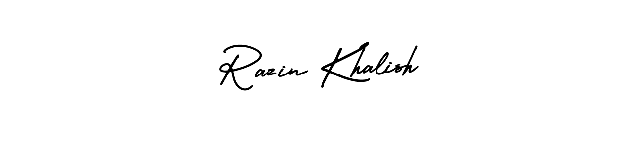 You should practise on your own different ways (AmerikaSignatureDemo-Regular) to write your name (Razin Khalish) in signature. don't let someone else do it for you. Razin Khalish signature style 3 images and pictures png