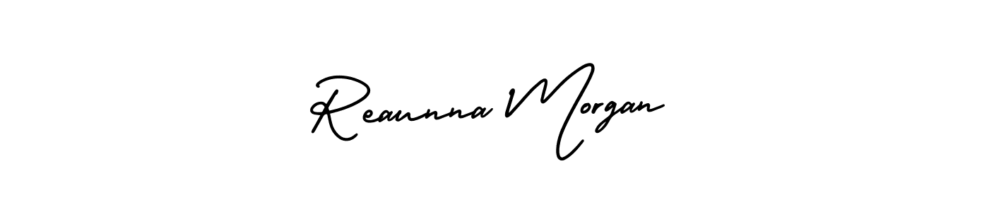 You should practise on your own different ways (AmerikaSignatureDemo-Regular) to write your name (Reaunna Morgan) in signature. don't let someone else do it for you. Reaunna Morgan signature style 3 images and pictures png