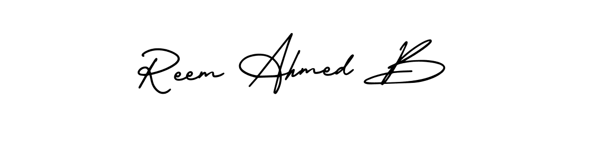 The best way (AmerikaSignatureDemo-Regular) to make a short signature is to pick only two or three words in your name. The name Reem Ahmed B include a total of six letters. For converting this name. Reem Ahmed B signature style 3 images and pictures png