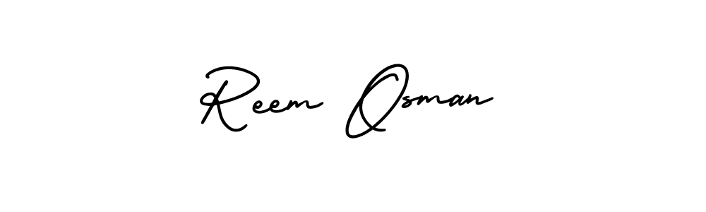 You should practise on your own different ways (AmerikaSignatureDemo-Regular) to write your name (Reem Osman) in signature. don't let someone else do it for you. Reem Osman signature style 3 images and pictures png