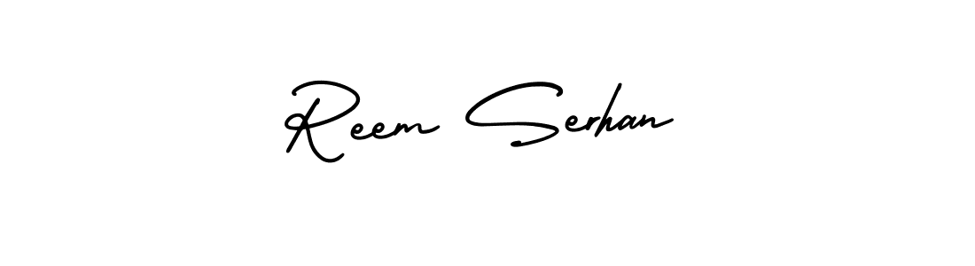 You should practise on your own different ways (AmerikaSignatureDemo-Regular) to write your name (Reem Serhan) in signature. don't let someone else do it for you. Reem Serhan signature style 3 images and pictures png