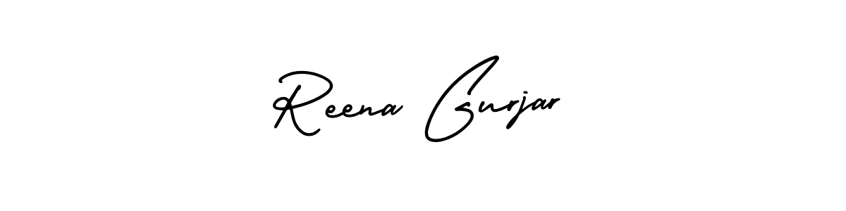 The best way (AmerikaSignatureDemo-Regular) to make a short signature is to pick only two or three words in your name. The name Reena Gurjar include a total of six letters. For converting this name. Reena Gurjar signature style 3 images and pictures png