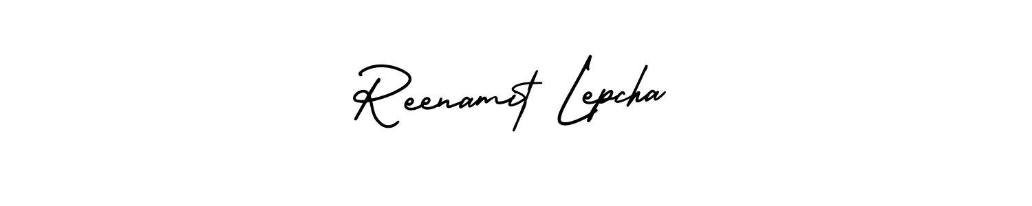 The best way (AmerikaSignatureDemo-Regular) to make a short signature is to pick only two or three words in your name. The name Reenamit Lepcha include a total of six letters. For converting this name. Reenamit Lepcha signature style 3 images and pictures png