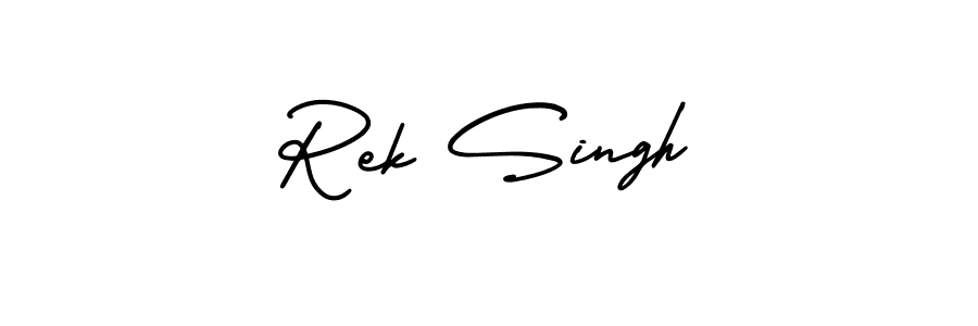 You should practise on your own different ways (AmerikaSignatureDemo-Regular) to write your name (Rek Singh) in signature. don't let someone else do it for you. Rek Singh signature style 3 images and pictures png