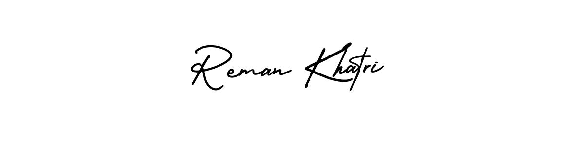 You should practise on your own different ways (AmerikaSignatureDemo-Regular) to write your name (Reman Khatri) in signature. don't let someone else do it for you. Reman Khatri signature style 3 images and pictures png