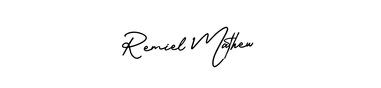 The best way (AmerikaSignatureDemo-Regular) to make a short signature is to pick only two or three words in your name. The name Remiel Mathew include a total of six letters. For converting this name. Remiel Mathew signature style 3 images and pictures png