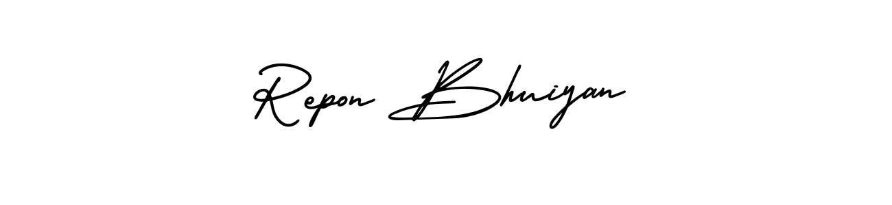 The best way (AmerikaSignatureDemo-Regular) to make a short signature is to pick only two or three words in your name. The name Repon Bhuiyan include a total of six letters. For converting this name. Repon Bhuiyan signature style 3 images and pictures png