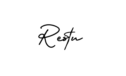 You should practise on your own different ways (AmerikaSignatureDemo-Regular) to write your name (Restu) in signature. don't let someone else do it for you. Restu signature style 3 images and pictures png